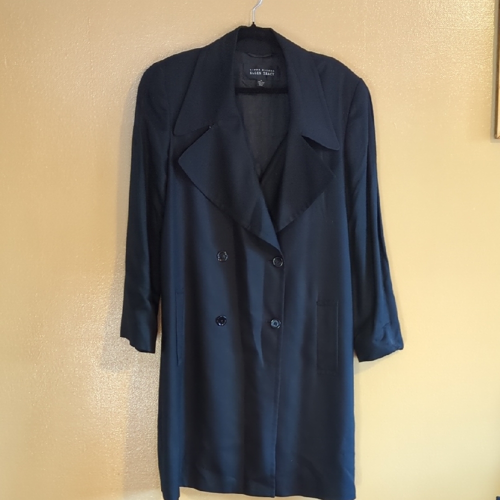 Ellen Tracy 💯 % Silk Navy Trench Coat with Classic Lapel, Size 14